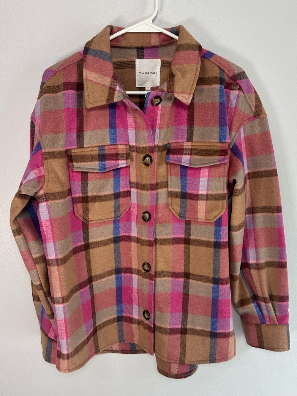 Avec Les Filles Pink, Brown & Blue Plaid Button-Up Shirt Jacket Shacket medium